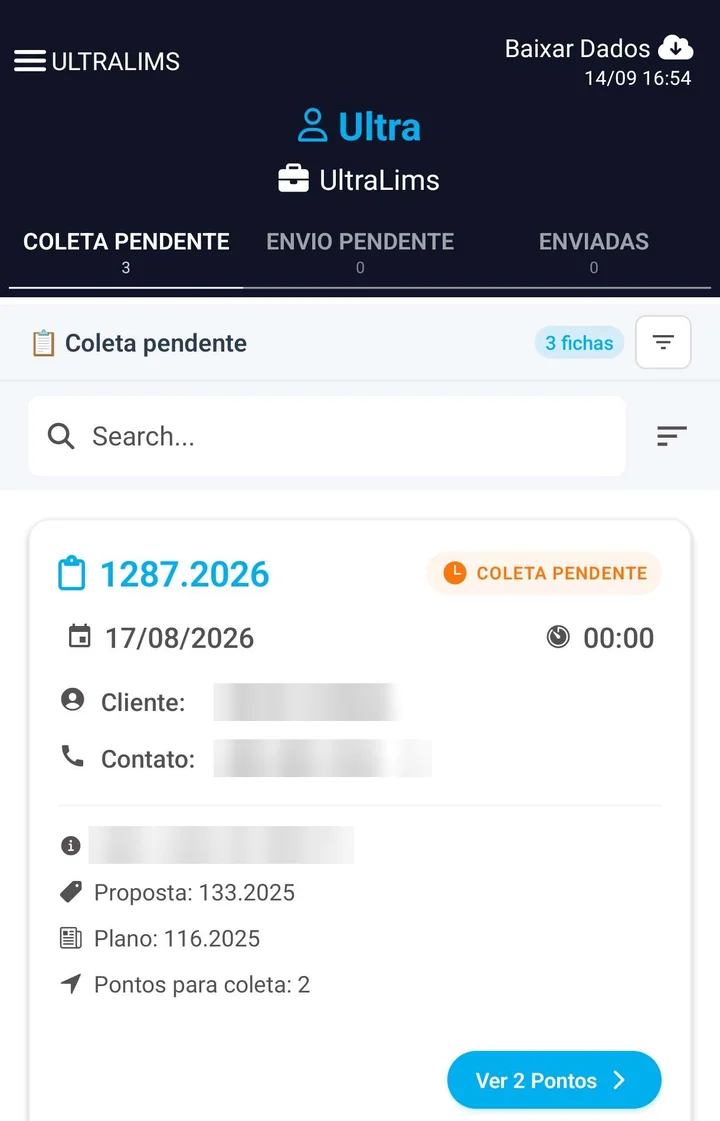 Tela do App de Coletas com uma ficha de coleta pendente
