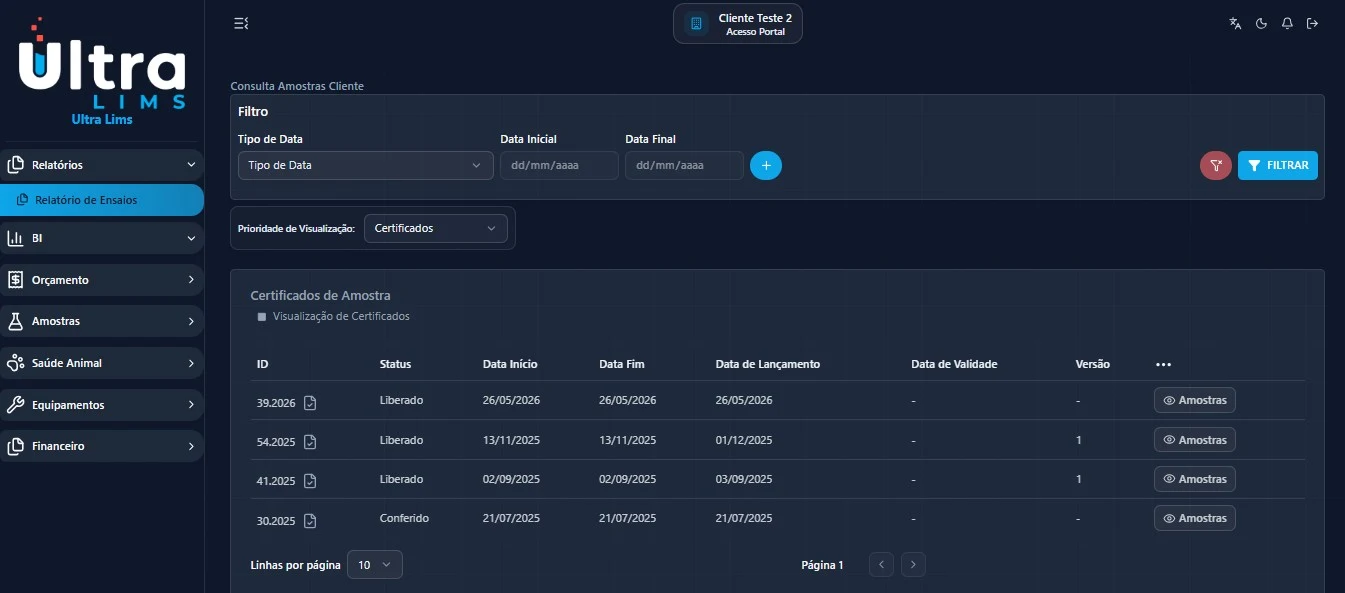 Tela do Portal do Cliente com a lista de certificados de amostra
